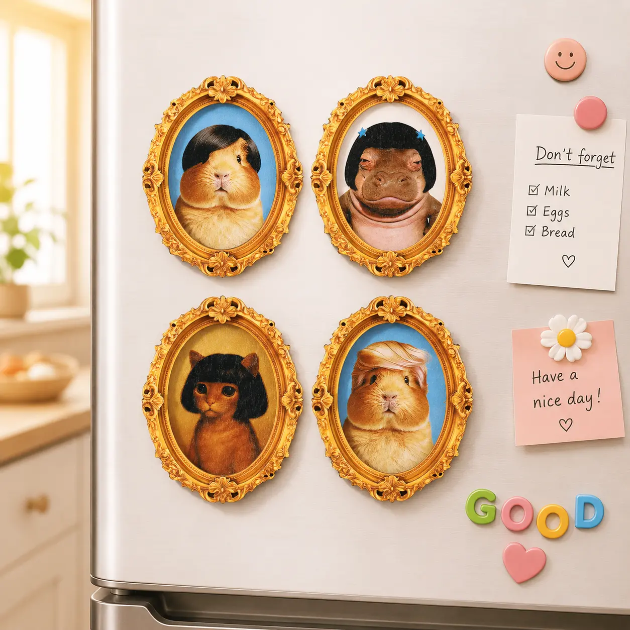 Funny Animal Portrait Fridge Magnet, Vintage Gold Frame Refrigerator Magnet, Guinea Pig Cat & Hippo Art, Cute Kitchen Decor, Unique Gift for Animal Lovers