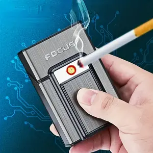 2-in-1 Rechargeable Metal Cigarette Case Lighter Hold 20 pcs Windproof Flameless USB Rechargeable Men's Gift for New Year Christmas