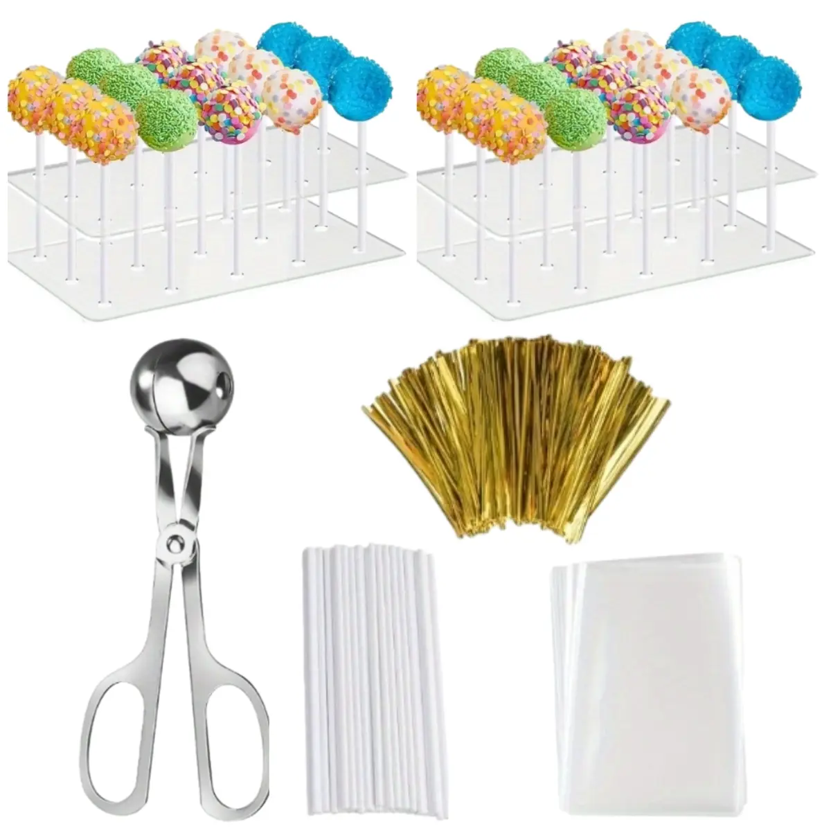 303 Pcs Cake Lollipop Kit Includes 1 Cake Pop Mold,2 Pcs Cake Pop Stand,100 Pcs Cake Pop Bags,100 Lollipop Sticks and 100 Metal Twist Ties,Christmas Party Gifts,DIY Hand Tools Kits,Summervibes