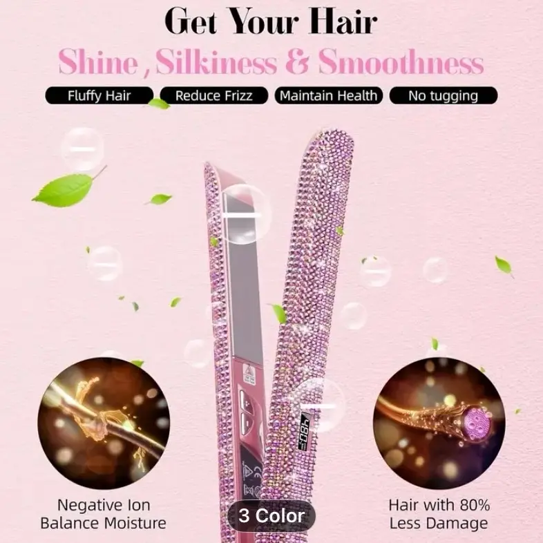 Bedazzled Hair Straightener - PINK Get Your Hair Shine Silken Smoothness Reduce Frizz Maintain Health No Tugging Negative Ion Balance Moisture 3 Color Options