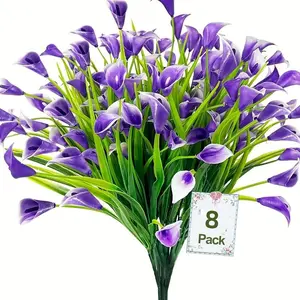 8 Bundles of Artificial Calla Lilies for Outdoor Use, Uv-Resistant And Colorfast Fake Plants, Artificial Flower, Plastic Flowers, Garden Decorative Flower, for Indoor/Outdoor Pots, Home Porches & Cemetery Decorations, Ornaments, Faux Floral Decor