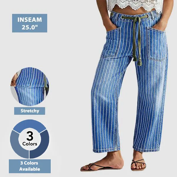 Flamingals Pinstripe Drawstring Patched Pocket High Waist Straight Leg Jeans Womenswear Stretchy 25.0" Inseam