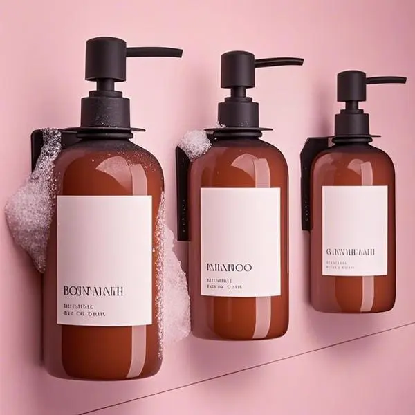 Modern Bathroom Wall Mount Soap Dispenser Set - 3-Pack 21oz Refillable Bottles with Labels - Drill-Free Installation, Waterproof Shampoo Conditioner Dispenser - Stylish Functional Metal Pump Rubber Design, Refillable Bottle