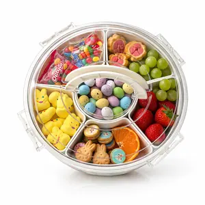 Divided Serving Tray with Lid and Handle - 1-Pack BPA-Free Portable Spinning Rounded Snackle Box, Removable Leakproof Stackable Storage Bins Organizer for Fruits, Candy, Veggies, On-the-Go Charcuterie Board for Kitchen, Party,summervibes outdoorfun