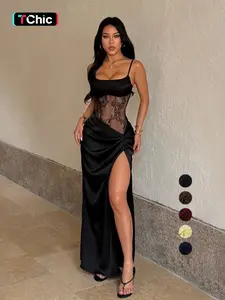 Strappy Lace Sexy Split Dress, Slim-Fitting Plain Style, Trendy Women's Clothing, Perfect for Parties and Special Occasions, Elegance