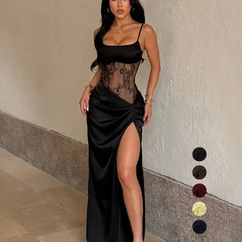 Strappy Lace Sexy Split Dress, Slim-Fitting Plain Style, Trendy Women's Clothing, Party Club Dress, Perfect for Parties, Evening Club Wear and Special Occasions, Elegance