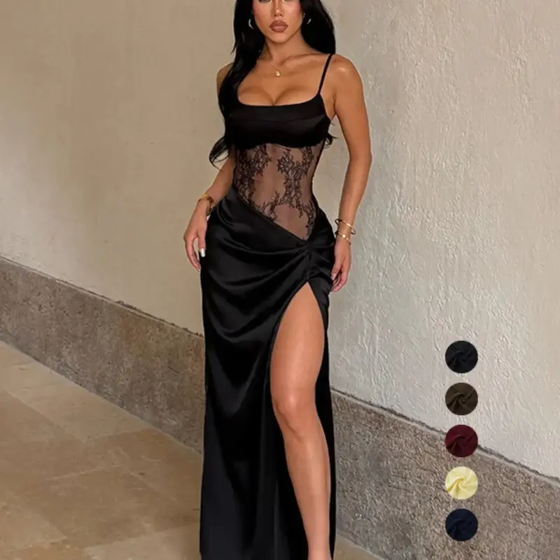 Strappy Lace Sexy Split Dress, Slim-Fitting Plain Style, Trendy Women's Clothing, Party Club Dress, Perfect for Parties, Evening Club Wear and Special Occasions, Elegance