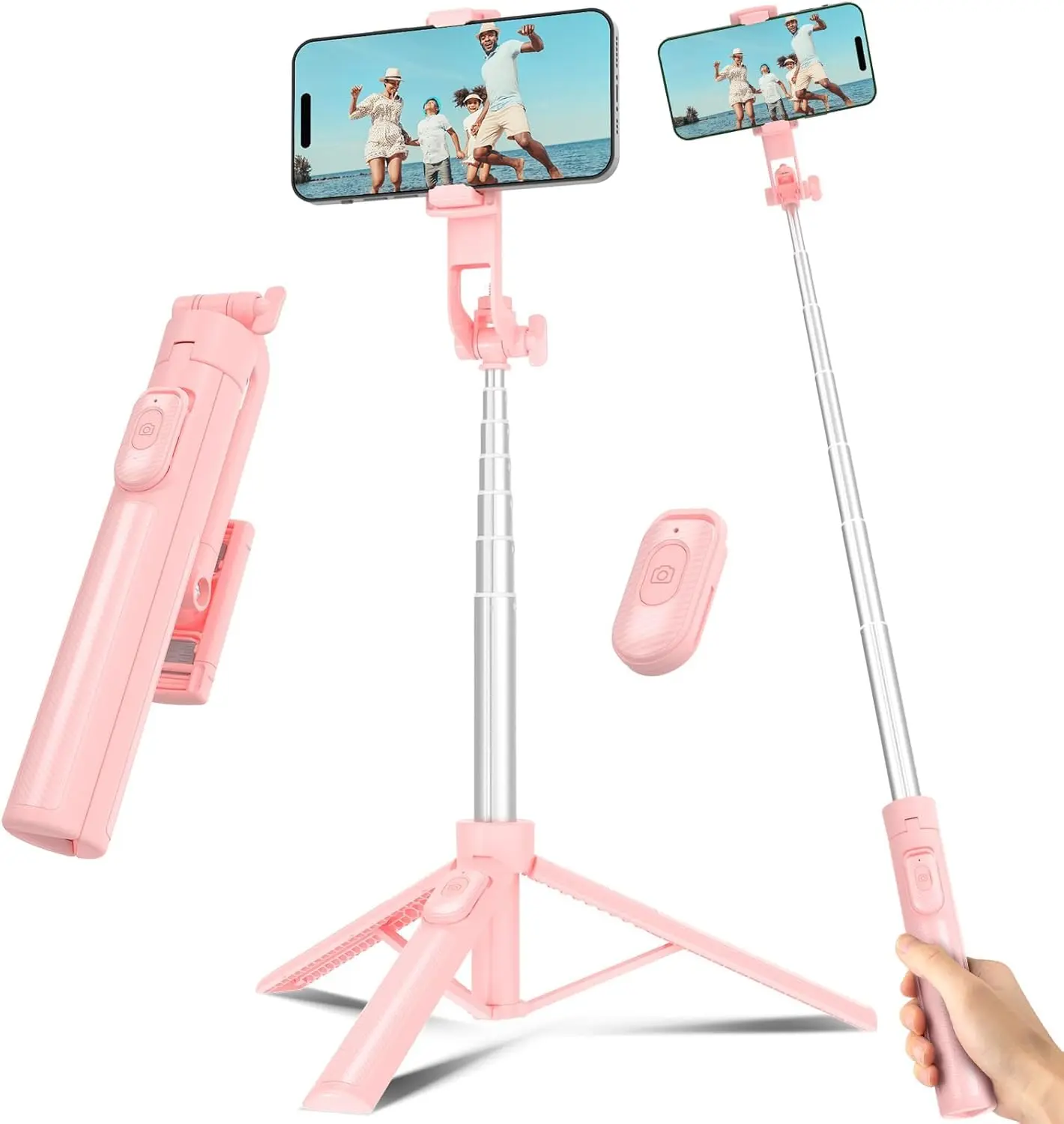 Liphisy 50-Inch Portable Alloy Aluminium Extendable Selfie Stick Tripod, Mobile Phone Accessory for Smartphone/Cellphone with Wireless Remote, Plastic Holder, 1/4" Screw for iPhone Video Recording (Pink)