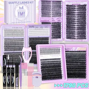 Lash Clusters Kit 1790Pcs With Spike and Bottom Lash DIY Individual Lashes Extension Kit Lash Bond&Seal Remover Tweezer Brush Mascara Shield Lash Curler For False Eyelash Cluster Kit At Home Eyelash Extension Tweezers