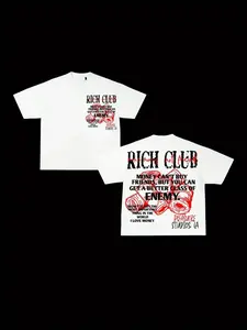 Men's Casual Cotton Graphic Tee - "RICH CLUB" Letter Print, Round Neck Short Sleeve T-Shirt for Summer, Comfortable & Breathable Fabric, Machine Washable, Everyday Tshirt | Bold Graphic Tee | Cotton Fabric