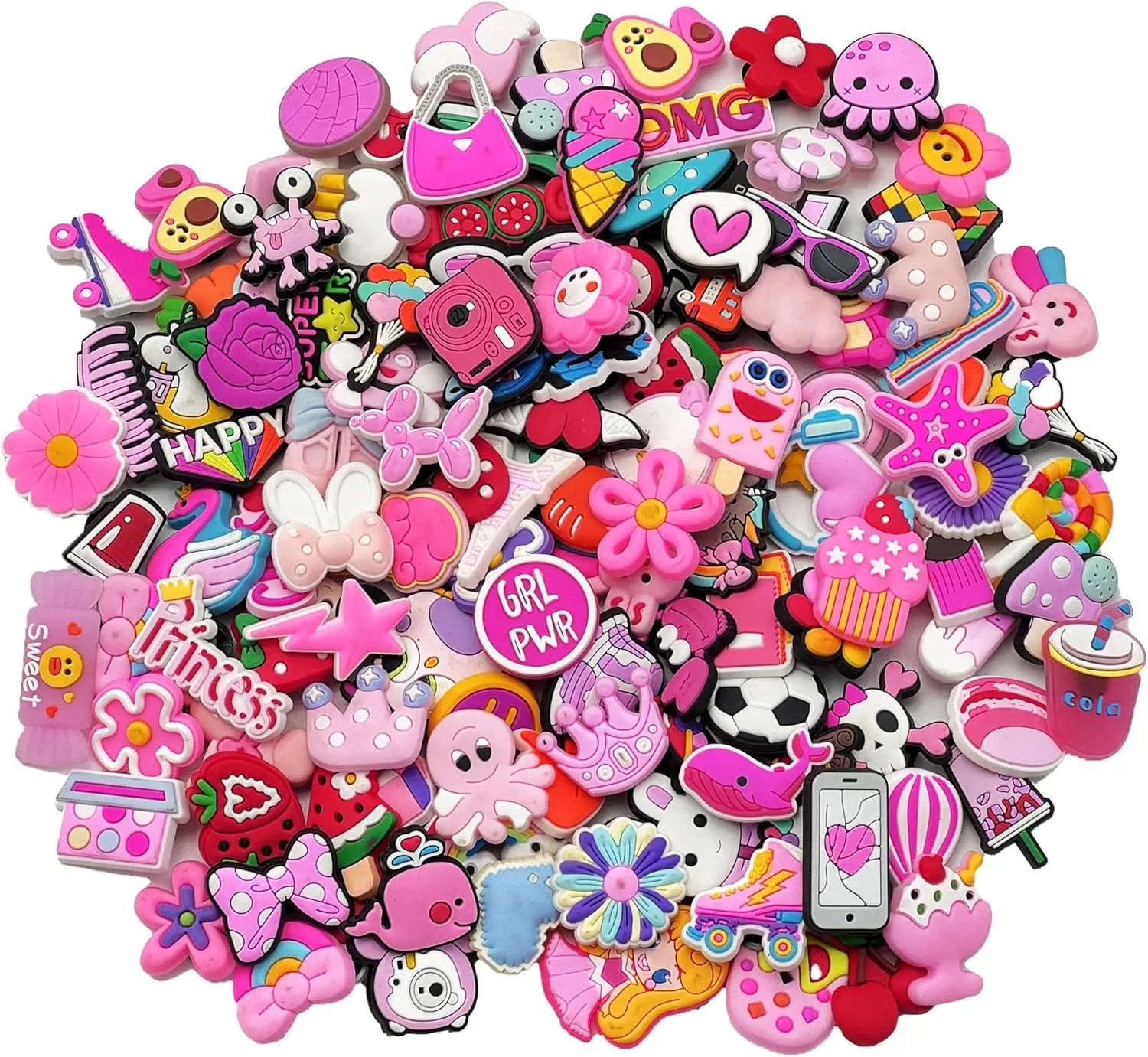 30Pcs Cute Pink Shoe Charms Assortment, Random Cartoon PVC Shoe Decoration Pins Accessories for Clogs Sandals, Birthday Party Favors for Kids Girls