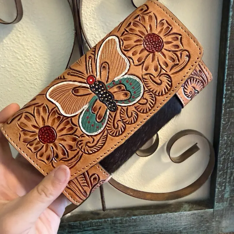 Western cowhide and leather butterfly wallet