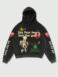 A washed black distressed cotton Fitted hooded sweatshirt with skull and various geometric prints, fashionable and trendy, casual, campus, youth, fashion and versatile