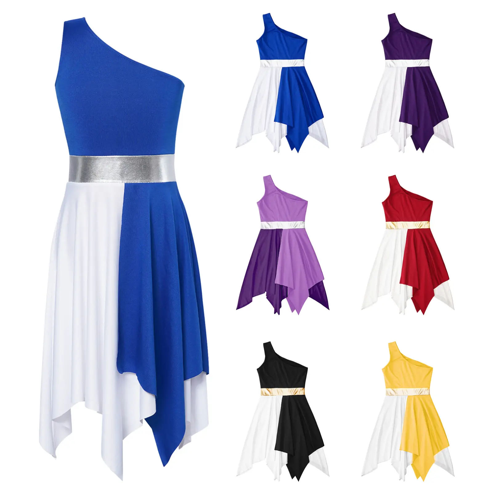 easyforever Girls' Shiny Contrast Color Lyrical Dance Dress, Single Shoulder Asymmetrical Costume for Praise Performance, Dance Clothing, Ballerina Dress, Polyester Blend, Skin-Friendly, Performance Look, Party Wear, Contrast Hem