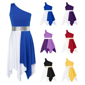 easyforever Kids Girls Sleeveless Praise Lyrical Dance Dress Costume Shiny Irregular Hem Ballet Dancewear for Performance