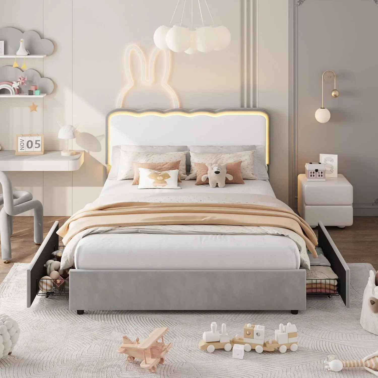 Kids Velvet Upholstered LED Light Storage Bed Frame - Chic Double Wavy Headboard, 2 Storage Drawers, Firm Wood Slats Support, No Box Spring Needed, RGB Lights, Twin XL, Grey Indoor Furniture