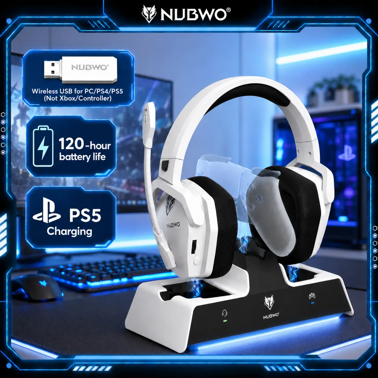 NUBWO G06 Pro Bluetooth Over Ear Gaming Headphones - PS5-Only Compatible, Dual PS5 Controller Charging Station, 17ms Low Latency, 120H Battery Life, Dynamic 50mm Drivers, Battle-Ready Glow, Anti-Slip Design - White
