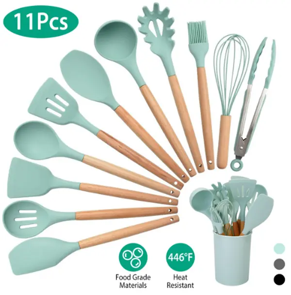 SENROB 11-Piece Waterproof Heat-Resistant Silicone Cooking Utensil Set with Wood Handle - Spatula, Ladle, Spaghetti Server, Tongs, Spoon, Egg Whisk, Holder - Kitchen Home Supplies Organizers