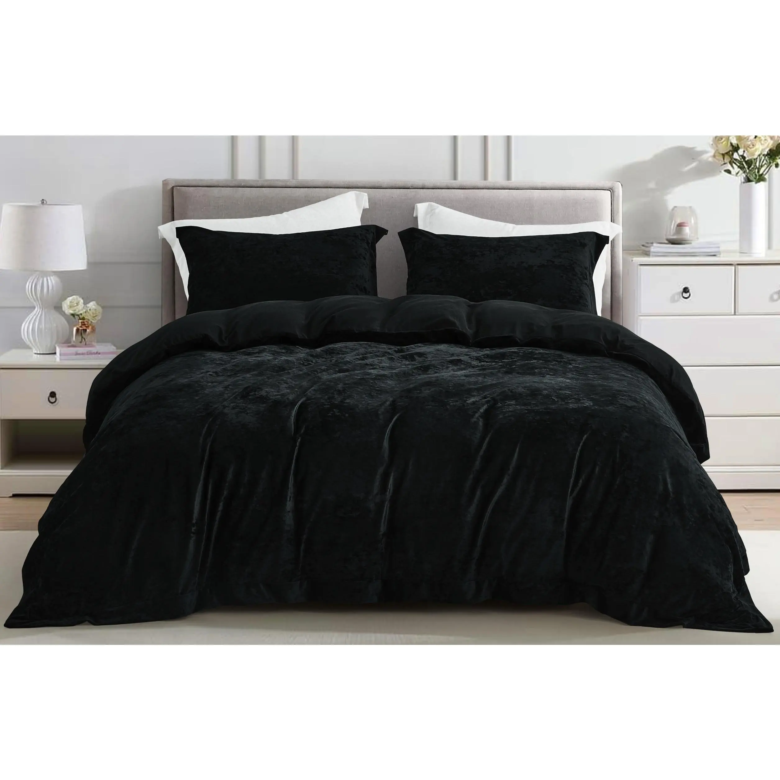 CHEZMOI COLLECTION Piers Luxurious Distressed Velvet Duvet Cover Set - Solid Color Design with Button Closures & Reversible Brushed Microfiber for Queen/King Sizes