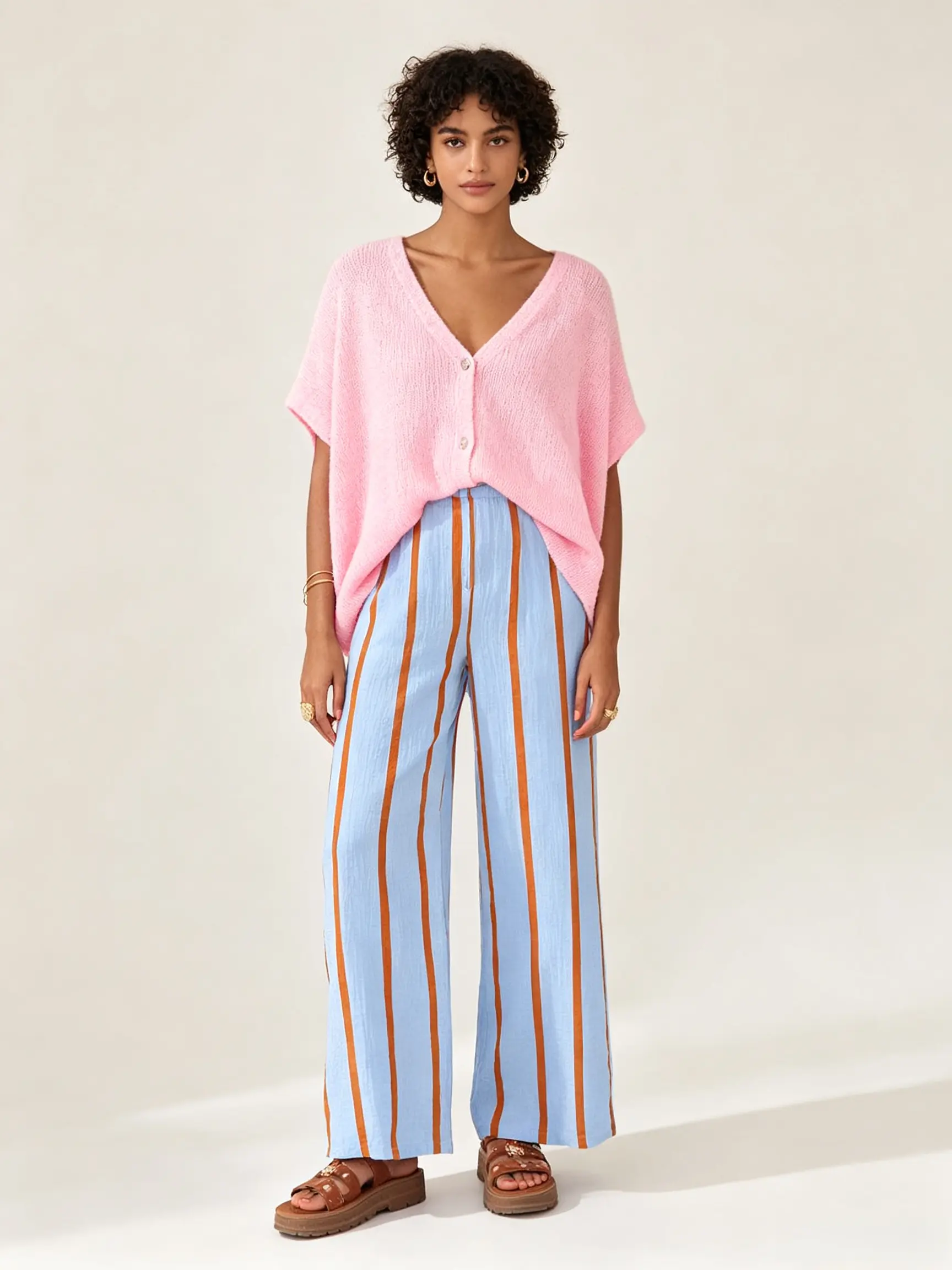 Women’s Comfortable Polyester Retro Color-Block Vertical Striped Wide-Leg Pants, Drawstring Waist Clothes with Side Pockets, Lightweight Breathable Casual Bottoms for Daily & Outdoors