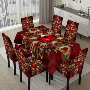 5/7-piece 2D Flat Printing Red and Gold Gem Decoration Printing Pattern Tablecloth and Chair Cover Set, for dining table and chair decoration, perfect for home, holiday gatherings, restaurants, and parties.
