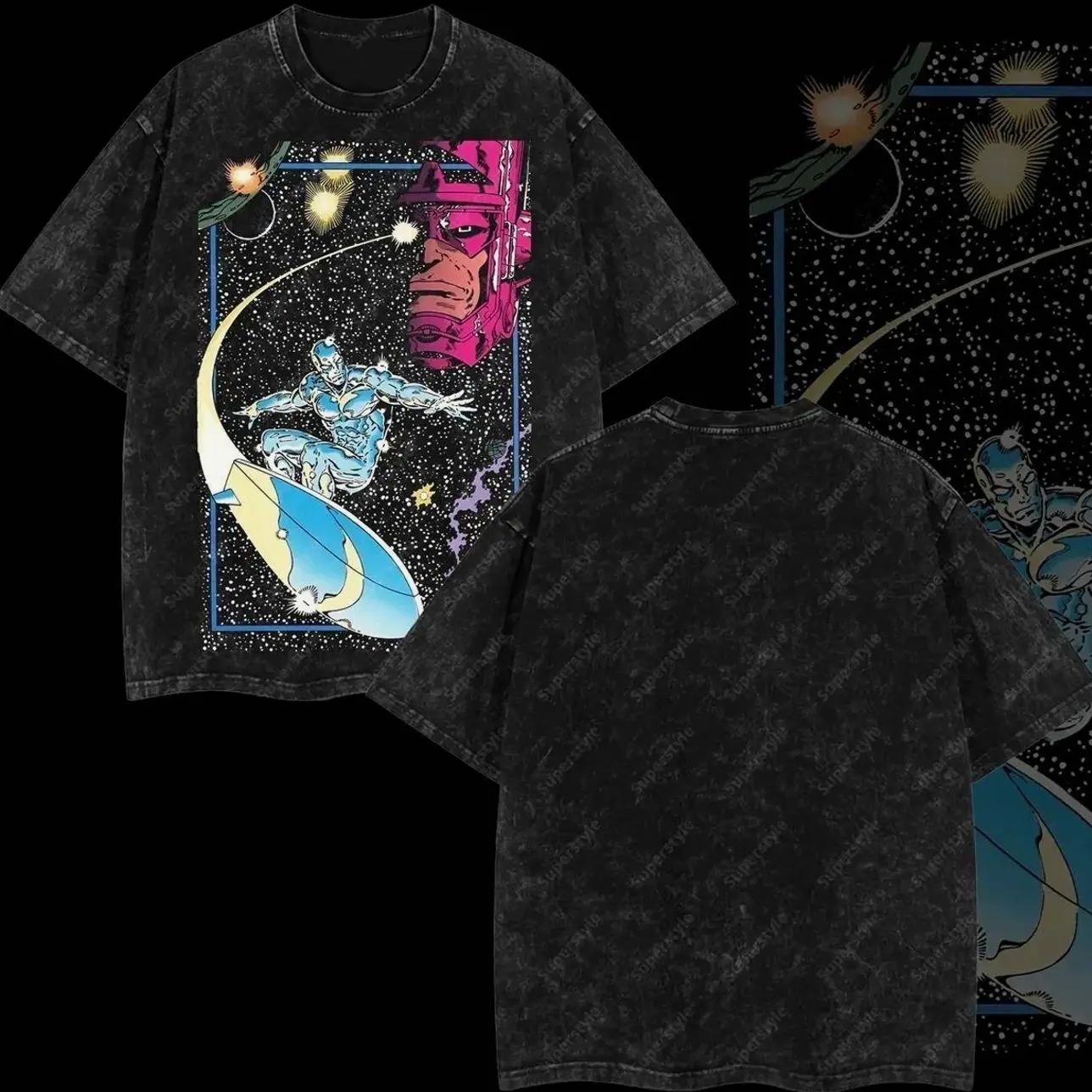 Superstyle Herald of Galactus "Silver Surfer" Ver 04 Fantastic Four MCU Superhero Comic Edition Double Printed Oversize Lightweight Acid Washed Tee TV Series Graphic Design Top Cotton Streetwear Comic Superheroes T-Shirt Clothes Menswear Womenswear 0R LGH