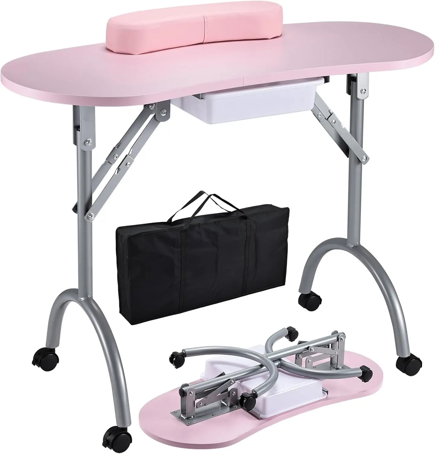 Professional Foldable & Portable Manicure Table  Technician Desk Workstation 4 Lockable Wheels with Drawer Client Wrist Pad Free Carrying Bag Travel  Tech  Beauty Table