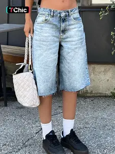 Women's Mid Rise Acid Wash Light Blue Denim Jorts, Oversized Baggy Knee-Length Frayed-Hem, Vintage 90s Style, Comfortable Streetwear