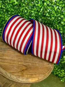 4 Inch By 10 Yard Red White And Blue Striped Twill Deluxe Dupioni Ribbon
