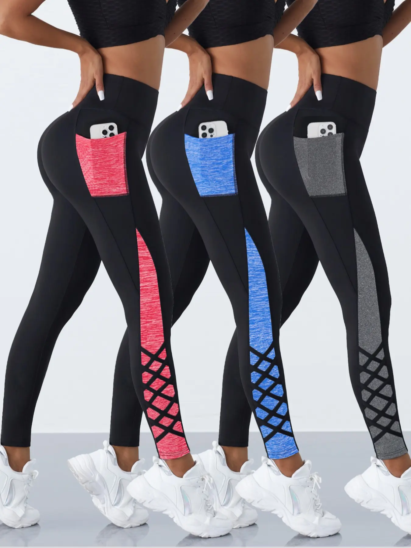3PCS  Affordable Colorblock Design, Cross-Band Detailing,Women's High-Waisted Sporty Yoga Pants,  Pocket Feature, Tight-Fit All-Season Wear, High Waisted Leggings, Gym Workout Leggings, Workout Athletic Leggings, Yoga Skinny Pants, Leggings With Pockets