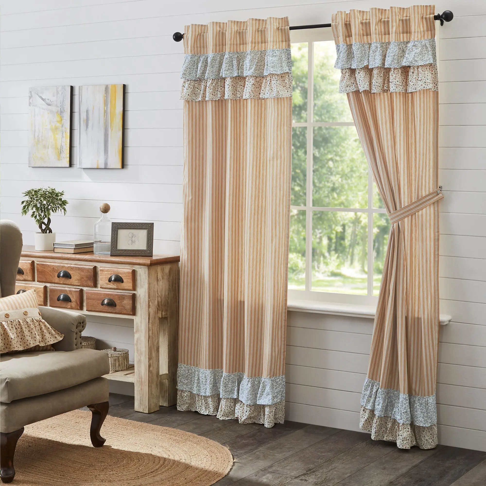 Kayley Ticking Gold Ruffled Long Panel Curtains