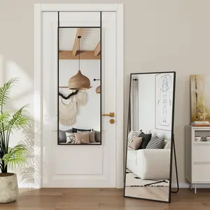 ANTOK 49" x 14" Over-the-Door Full Length Mirror, Space-Saving No-Drill Hanging Mirror with Adjustable Hooks, Black Aluminum Frame for Bedroom, Dorm and Apartment
