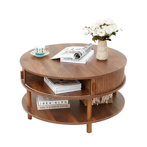Giratree 31.5” Round Coffee Table with Storage, Mid Century Modern 2 Tier Coffee Table with Tambour Sliding Door, Solid Wood Legs Fluted Center Table for Living Room Home Office Small Space