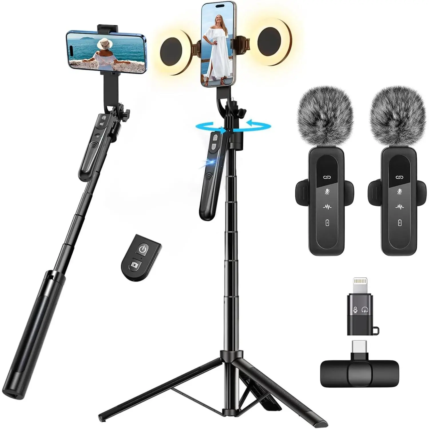 70-in Auto Face Tracking Tripod Kit with Fill Light & Wireless Microphones, Smartphone Camera Accessories for Cellphone Vlogging