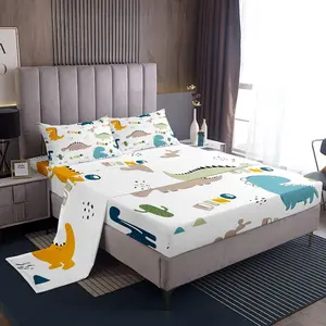 Feelyou Cute Dinosaur Pattern Bedding Sheets Set - Soft Breathable Deep Pocket Fitted Sheet with Boho Jungle Decor Cartoon Cactus Succulent Design
