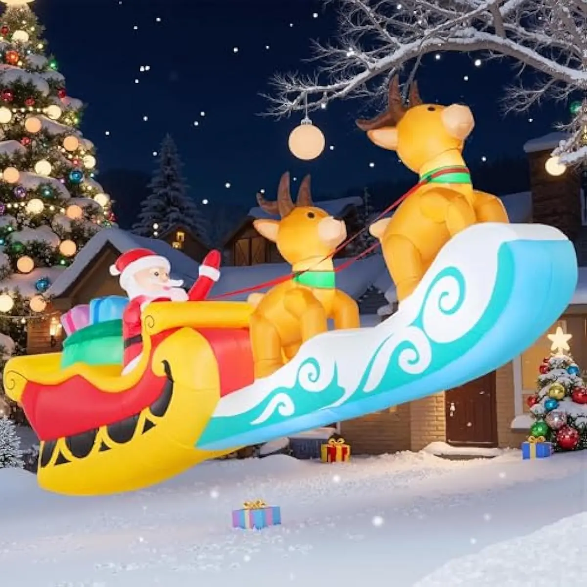 10 FT Long Christmas Inflatable Hanging Santa Sleigh and Reindeer Outdoor Decoration, Christmas Blow Up Yard Decorations with Build-in LED for Xmas Outside Party Garden Lawn Decor