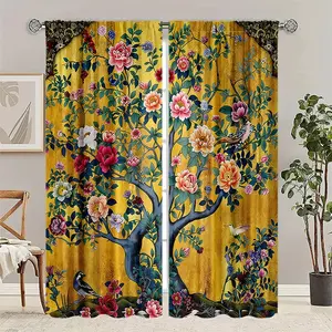 2 pieces of vintage floral life tree curtains - with protective rod pocket design, made of polyester, these Bohemian peony flower vintage plant spring bird window curtains provide privacy and serve as decorative elements for the bedroom.