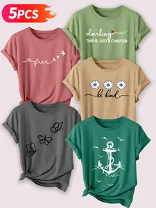 5PCS Inspirational & Minimalist Themed Women's Casual Short Sleeve Crew Neck Cotton T-Shirt Set – Bestselling Graphic Print, Multicolor, Machine Washable Spring & Summer Top, Soft Skin-Friendly Fabric, Daily Versatile, Fashion Design