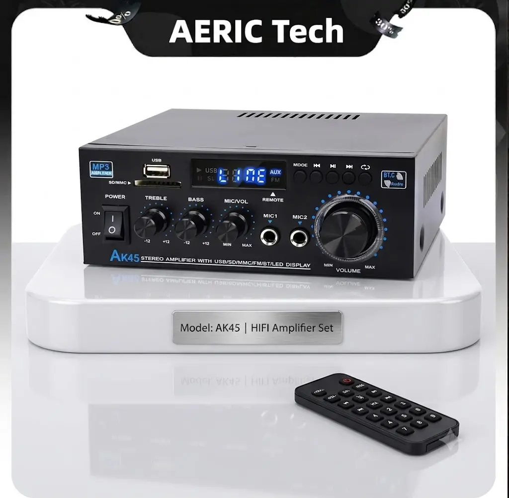 Aerix Tech AK45 Wireless Bluetooth 5.0 Hi-Fi Amplifier, 300W Peak 2.0 Channel Digital Stereo Amplifier with USB, SD, RCA, Dual Karaoke Mics Support, Phone/Tablet Connection for Home Theater Audio Streaming, Streaming Equipment