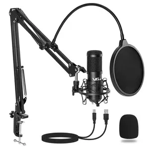 USB Microphone Kit, Professional Condenser Microphone with Arm Stand & Pop-Filter & Shock Mount, RGB Lighting Effect Silent Button Headphone Jack, for Recording Game Singing, Accessories