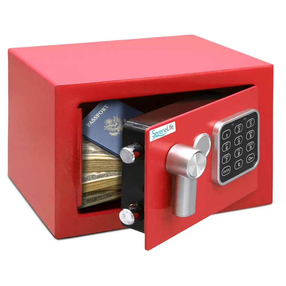 Electronic Safe Box - Red | Engineered Steel Security Box with Digital Keypad Lock & Override Keys - Anti-Theft Lock Box with Mounting Bolts - Perfect for Cash, Jewelry Storage