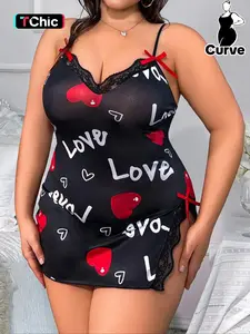 Plus Size Women's Heart & Letter Print Contrast Lace Bow Decor Spaghetti Strap Sleeveless Nightdress, Split Thigh Cami Nightgown, Sleepwear & Homewear for Summer, Sleepwear Loungewear, Sleepwear Homewear Clothes