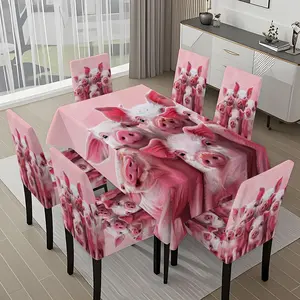 5/7-piece 2D Flat Printing Group of Cute Pink Piglets Printing Pattern Tablecloth and Chair Cover Set, for dining table and chair decoration, perfect for home, holiday gatherings, restaurants, and parties.