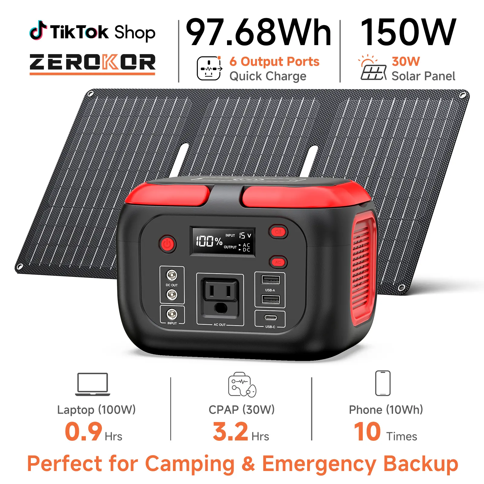 [ZeroKor] Multifunctional High Power 150W 97Wh Solar Powered Power Bank, 30W Panel Fast Charge 110V Portable Outdoor Emergency Battery Pack with LED Lights for Camping
