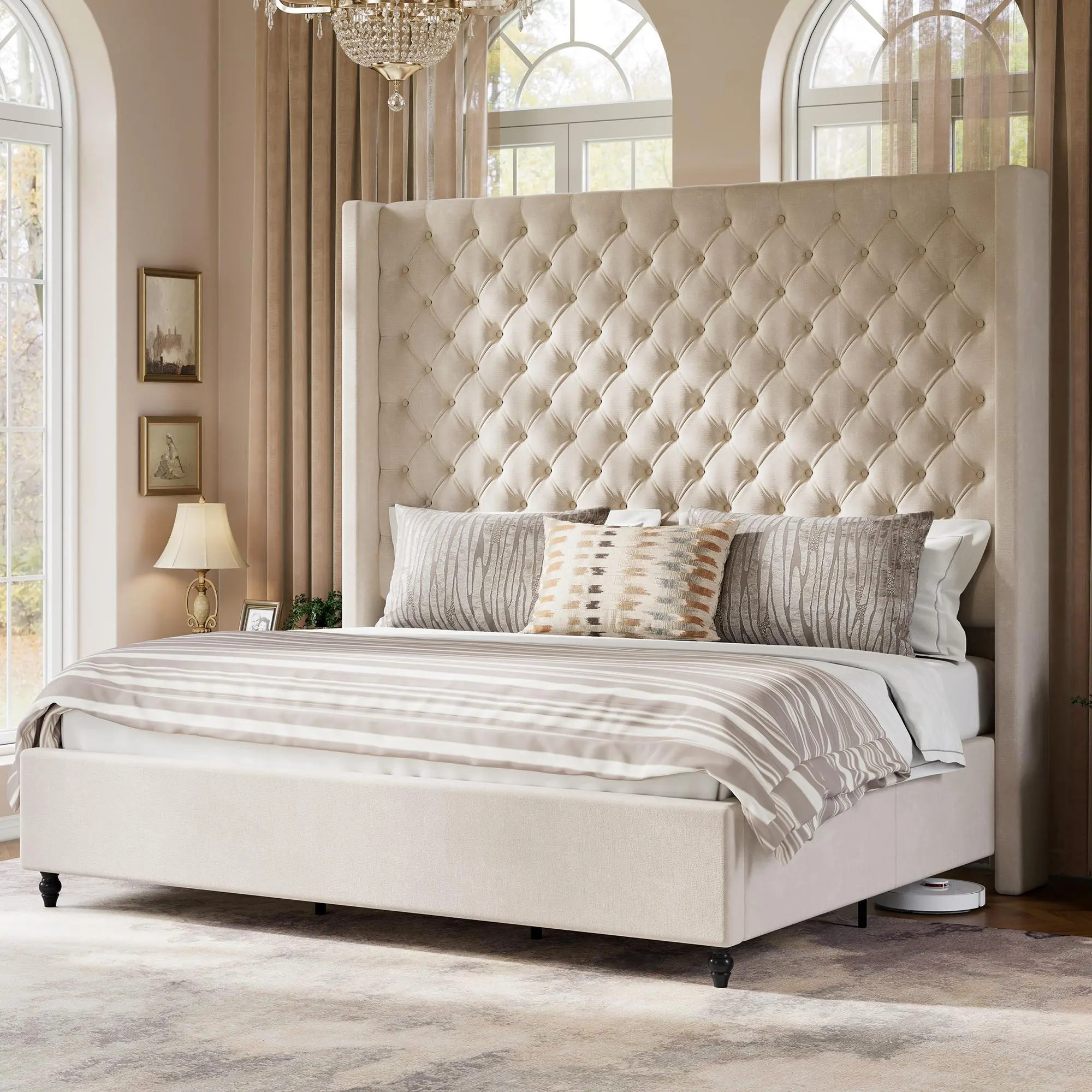[Summerwins]VanAcc Bed Frame with 63" Tall Headboard, Upholstered Wingback Platform Design, Handcrafted Pleats & Deep Button Tufted, Solid Wood Legs, No Box Spring Needed