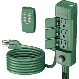 Outdoor Power Stake Timer, 100FT  Remote Control, Dusk to  Sensor for Outdoor Lights, 6 Grounded Outlets, 6ft Extension Cord, 1875W/15A,Christmas Decorations, ETL Listed