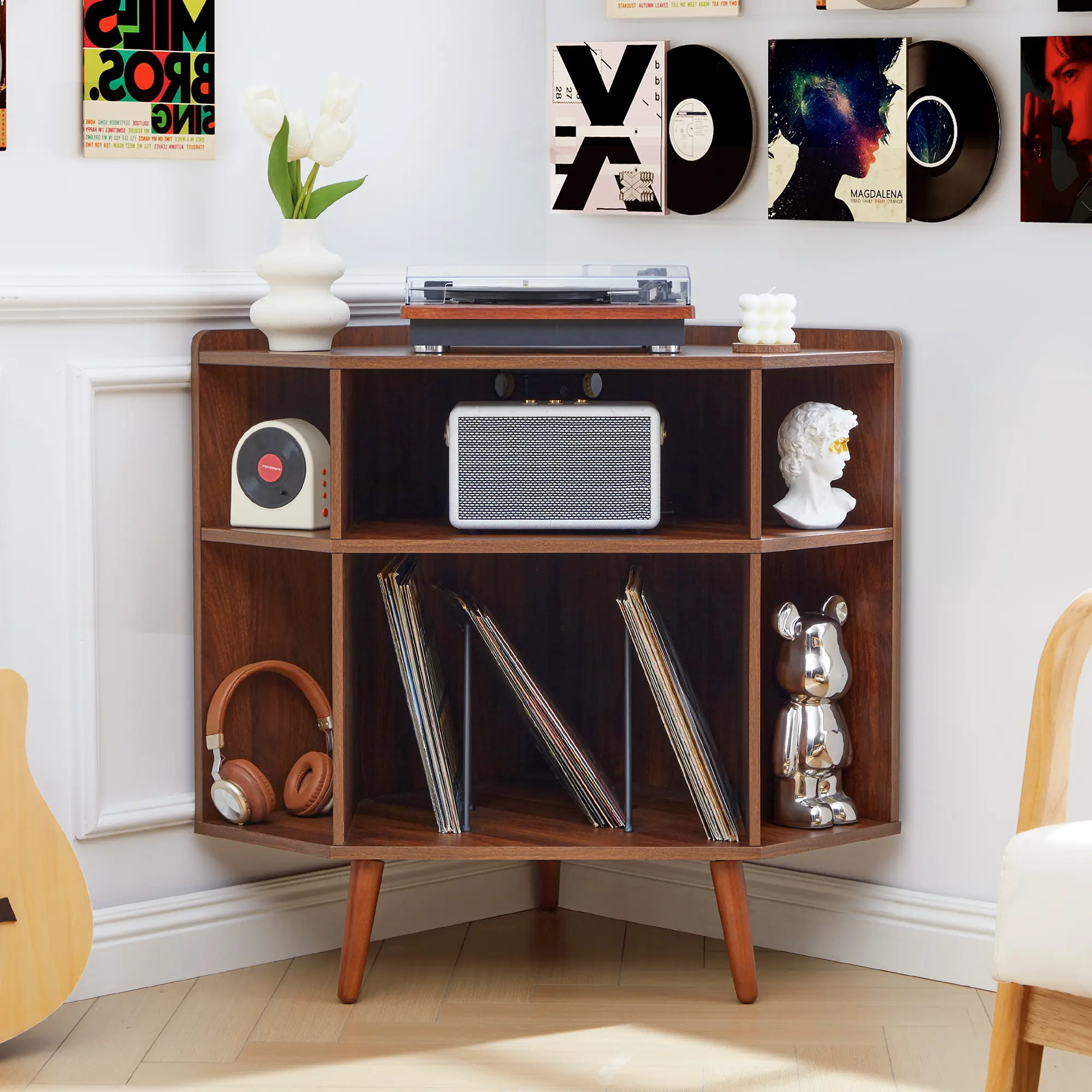 Giratree Freestanding Modern Corner Record Player Stand with Charging Station, 3-tier Vinyl Record Storage Cabinet with USB Ports for Apartment, Everyday Use