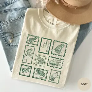 Comfort Colors Retro Frogs TShirt, Vintage Stamp T-Shirt, Frog Women Tee, Boho Cottagecore, Vintage Postage Stamp, Tattoo 90s Frog Cotton Fabric