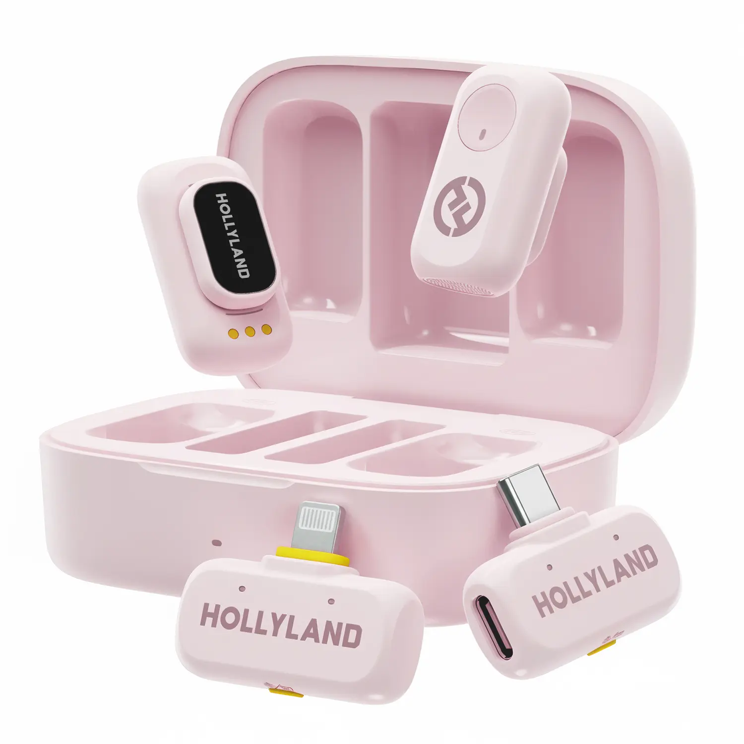 Hollyland Lark A1 Combo Wireless Mini Electronic Audio Microphone for Smartphone (iPhone & Android), 48kHz/24-bit, 3-Level Intelligent Noise Cancel, Chargeable with USB Type-C, 2TX + 2RX + Charging Case (Pink)