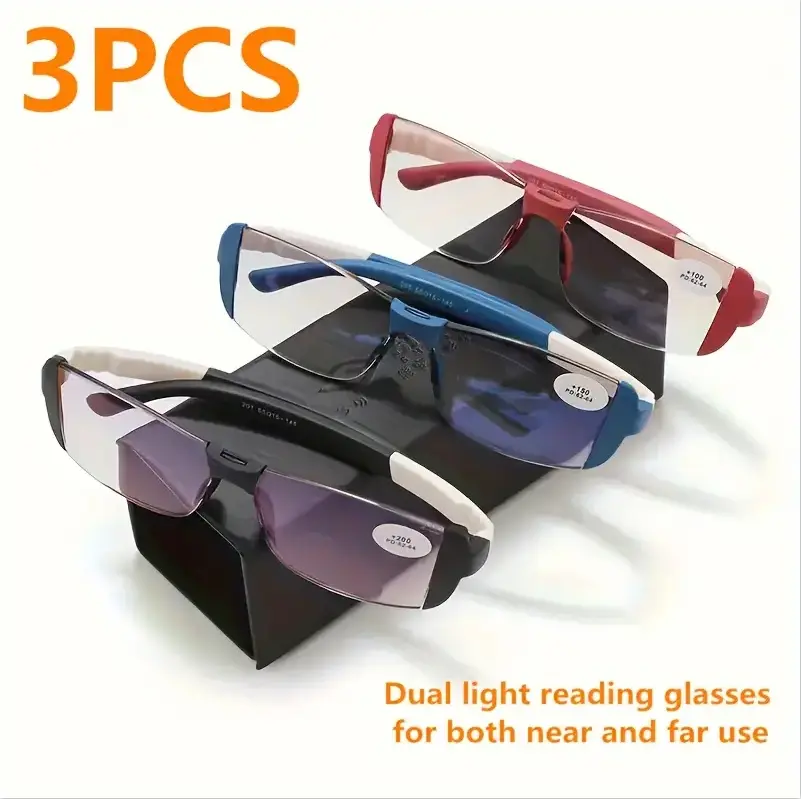 3-Pack Stylish Dual-Focus Unisex Reading Glasses — Ultra-lightweight, high-definition lenses suitable for nearsightedness and farsightedness; ideal for presbyopia, seniors, and everyday use clear